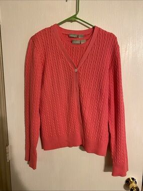Field Gear Coral Cable-Knit V-Neck Button Cardigan Sweater Set